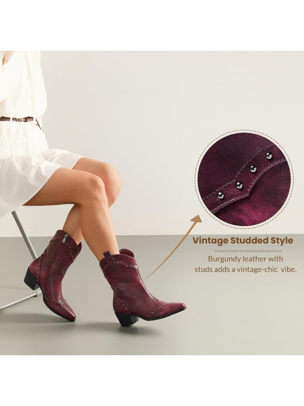 Women's Claret Studded Western Ankle Boots Low Block Heel Cowboy Booties Zip - Picture 5 of 7